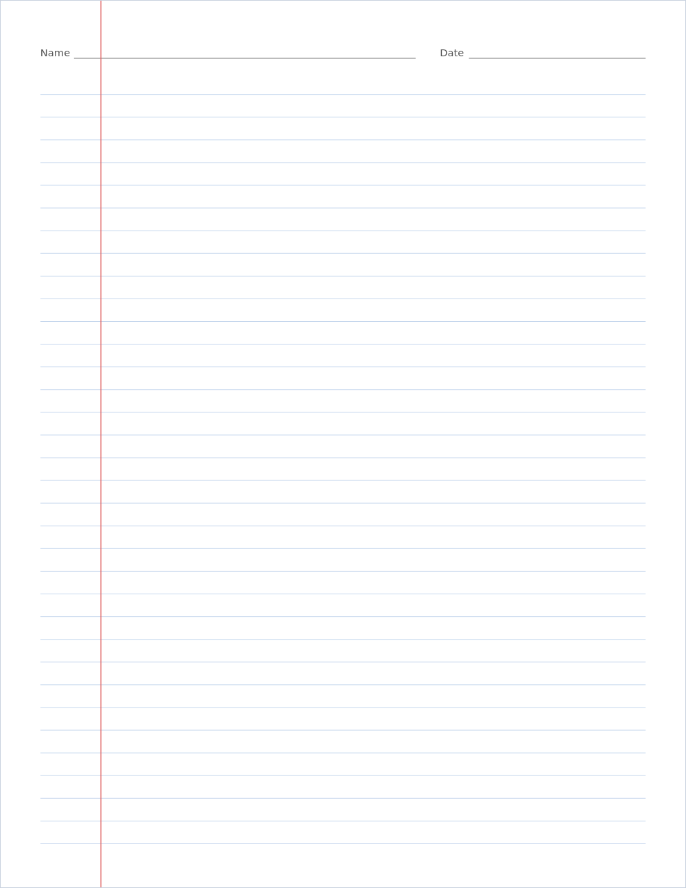Printable college ruled paper PDF preview, US Letter