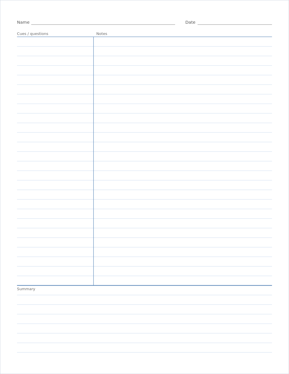 Printable cornell notes template PDF preview, US Letter