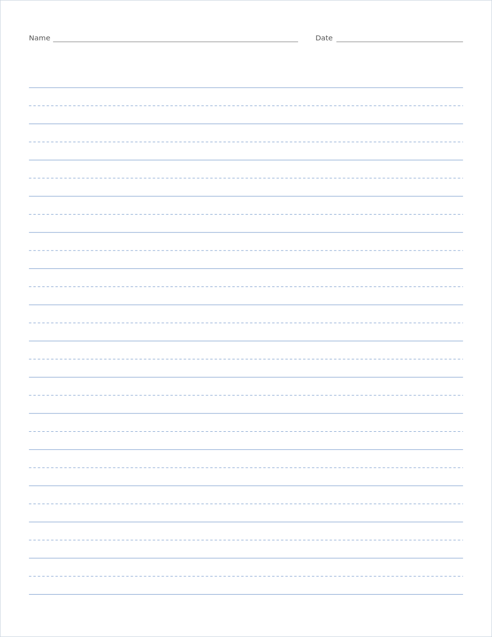 Printable handwriting paper with a dashed midline PDF preview, US Letter